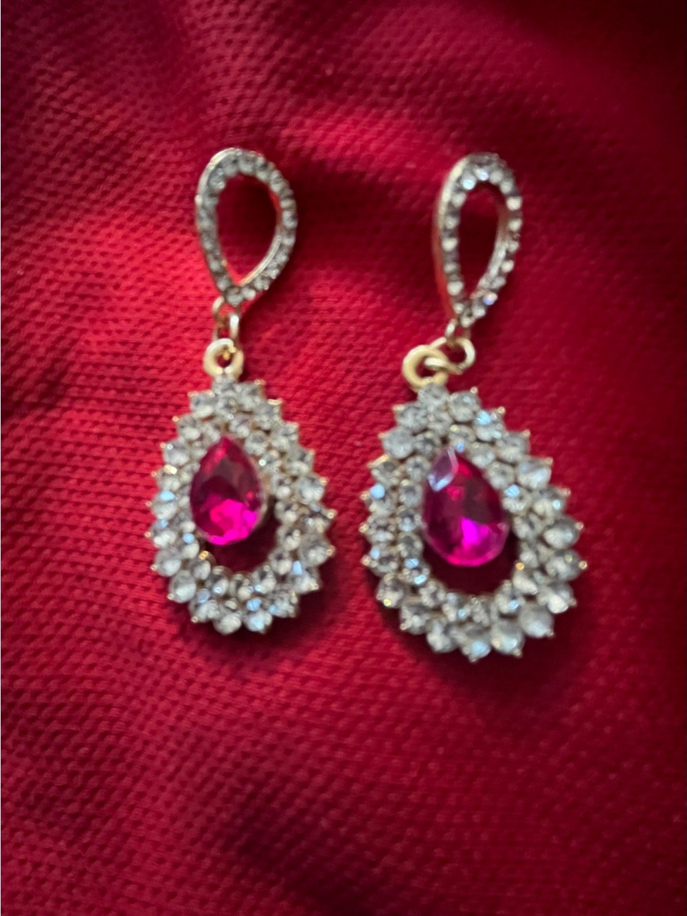 Gold-Accent Teardrop Ruby Crystal Earrings